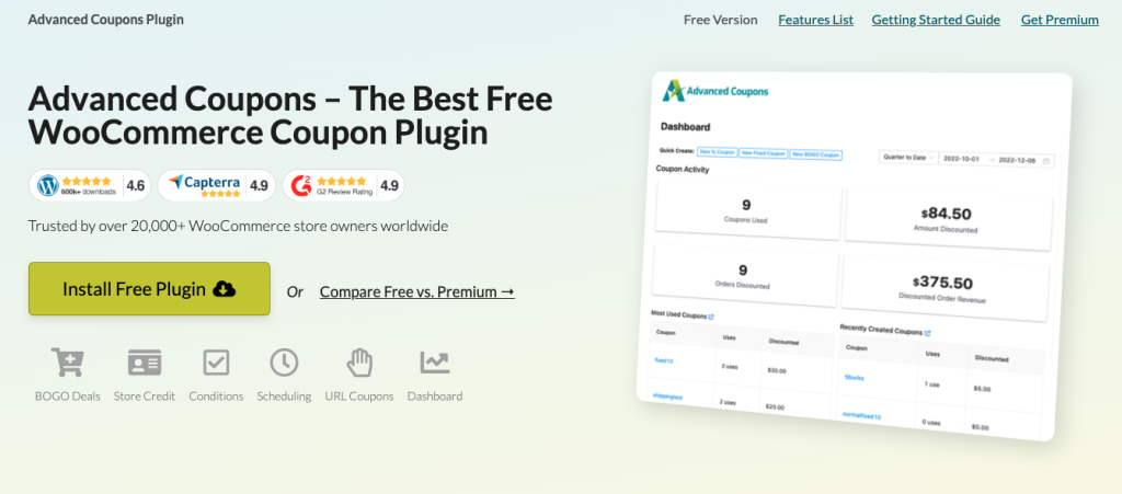 Advanced Coupons Free plugin landing page